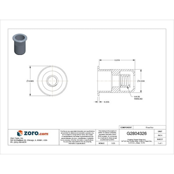 Rivet Nut, 1/4"-20 Thread Size, 0.685 in Flange Dia., 0.819 in L, Steel, 10 PK