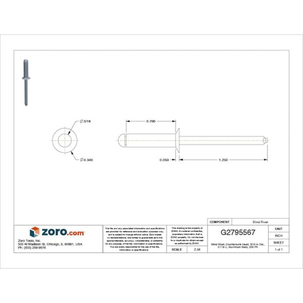 Blind Rivet, Countersunk Head, 3-16 in Dia., 45-64 in L, Aluminum Body, 250 PK  U33192.018.0068
