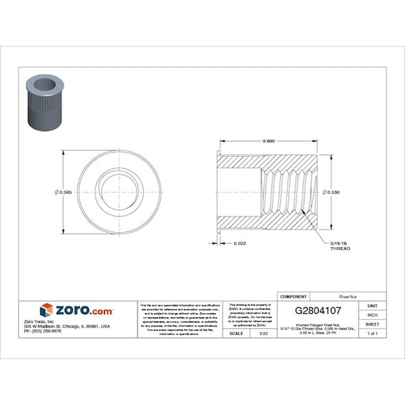 Rivet Nut, 5/16"-18 Thread Size, 0.595 in Flange Dia., 0.69 in L, Steel, 25 PK