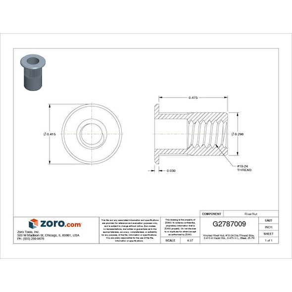 Avk Rivet Nut,#10-24,Steel,1/2 in L,PK25 ALS4T-1024-130 Avk Rivet Nut,#10-24,Steel,1/2 in L,PK25 ALS4T-1024-130