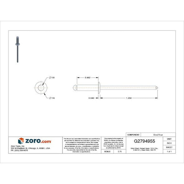 Manufacturer Varies Blind Rivet,1/8Inx0.462In,Dome,PK500 U34130.012.0045 Manufacturer Varies Blind Rivet,1/8Inx0.462In,Dome,PK500 U34130.012.0045