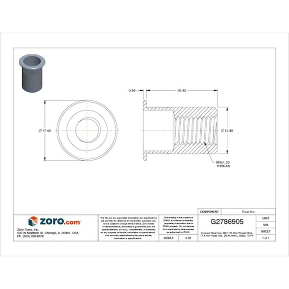 Avk Rivet Nut, M8-1.25 Thread Size, 170.4 mm Flange Dia., 20.45 mm L, Steel, 10 PK ALS4T-8125-7.9