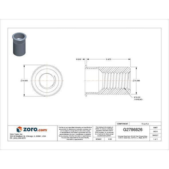 Avk Rivet Nut, #10-32 Thread Size, 0.34 in Flange Dia., 0.475 in L, Steel, 25 PK AKS4T-1032-130
