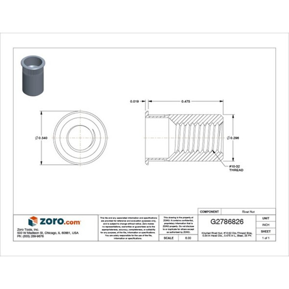 Rivet Nut, #10-32 Thread Size, 0.34 in Flange Dia., 0.475 in L, Steel, 25 PK  AKS4T-1032-130
