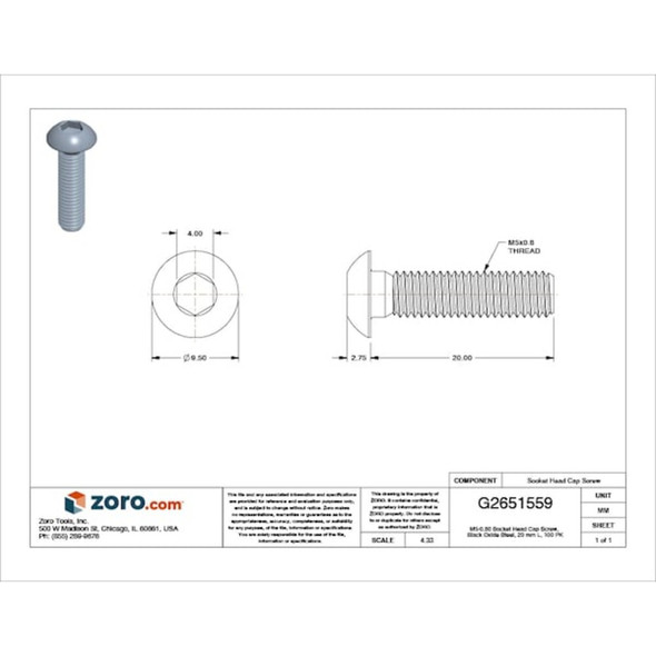 M5-0.80 Socket Head Cap Screw, Button, Black Oxide Steel, 20 mm Length, 100 PK  M07150.050.0020