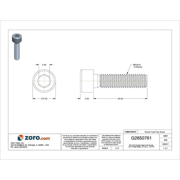 M5-0.80 Socket Head Cap Screw, Socket, Zinc Plated Steel, 20 mm Length, 100 PK