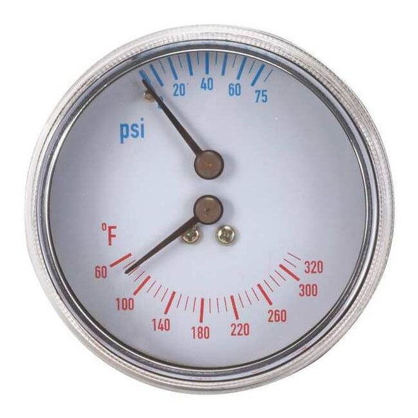 Boiler Gauge, Round, 0-75 PSI, 60 to 260 F, Case Color: Black