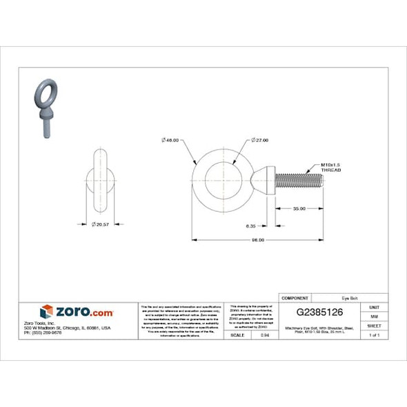 Ken Forging Eye Bolt With Shoulder, M10-1.50, 35 mm Shank, 27 mm ID, Steel, Plain M10