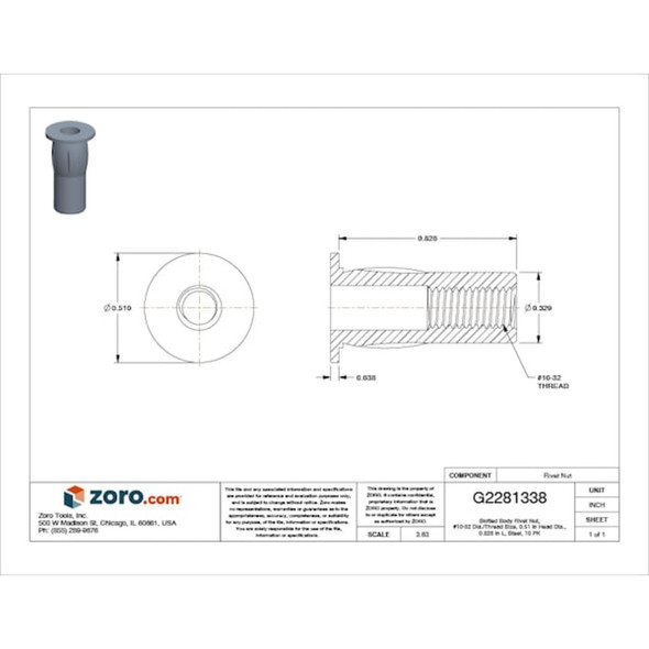 Rivet Nut, #10-32 Thread Size, 0.51 in Flange Dia., 0.828 in L, Steel, 10 PK  CPB2-1032-175-10