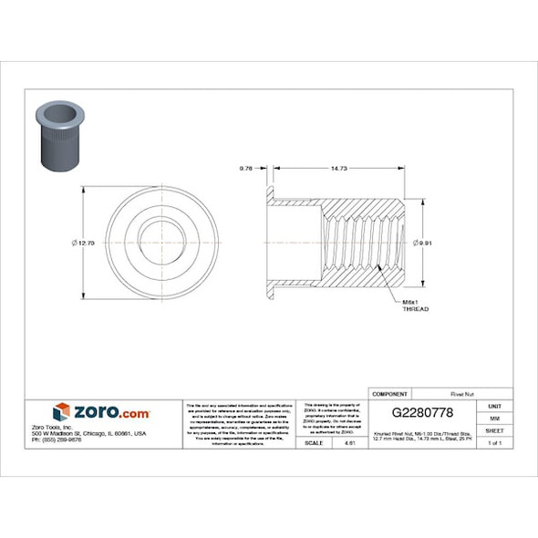 Avk Rivet Nut, M6-1.00 Thread Size, 120.7 mm Flange Dia., 14.73 mm L, Steel, 25 PK ALS4T-610-4.2