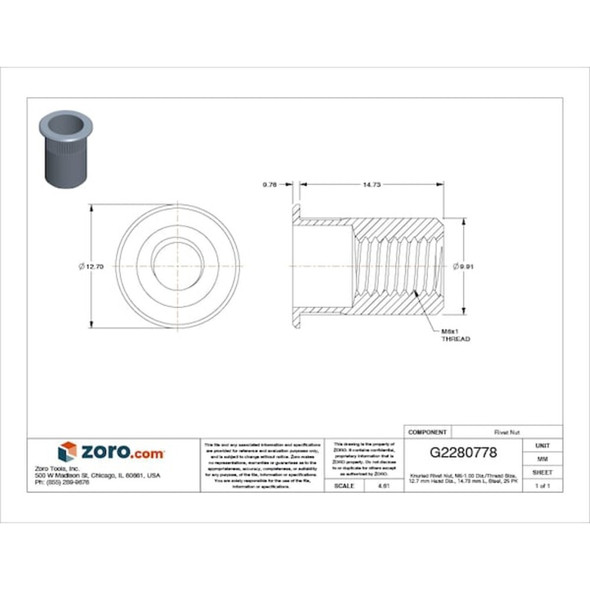 Rivet Nut, M6-1.00 Thread Size, 120.7 mm Flange Dia., 14.73 mm L, Steel, 25 PK  ALS4T-610-4.2