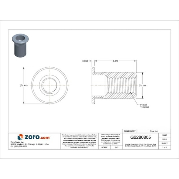 Rivet Nut, #10-32 Thread Size, 0.415 in Flange Dia., 0.475 in L, Steel, 25 PK  ALS4T-1032-130