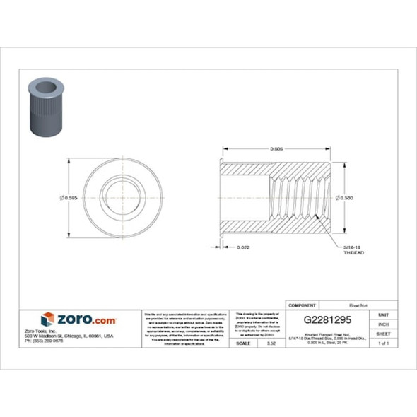 Rivet Nut, 5-16"-18 Thread Size, 0.595 in Flange Dia., 0.805 in L, Steel, 25 PK  CAK2-3118-312-25