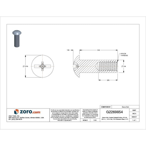 Barrel Bolt, #10-24, 3/4 in Brl Lg, 1/4 in Brl Dia, Stainless Steel Plain, 5 PK