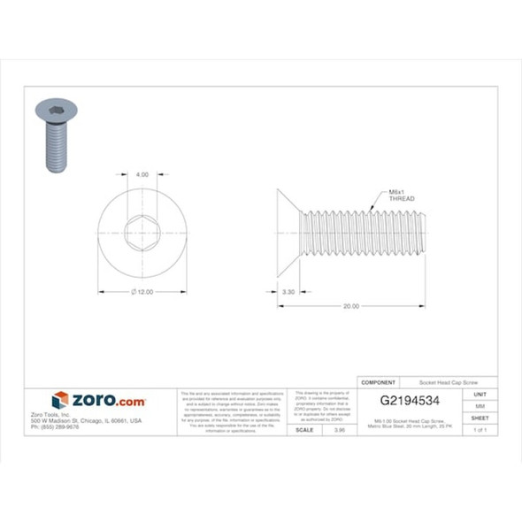 M6-1.00 Socket Head Cap Screw, Flat, Metric Blue Steel, 20 mm Length, 25 PK  UST181928