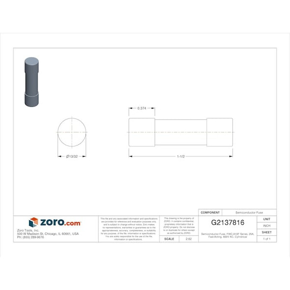 Semiconductor Fuse, FWC-A10F Series, 20A, Fast-Acting, 600V AC, Cylindrical