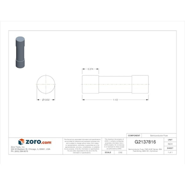 Semiconductor Fuse, FWC-A10F Series, 20A, Fast-Acting, 600V AC, Cylindrical  FWC-20A10F
