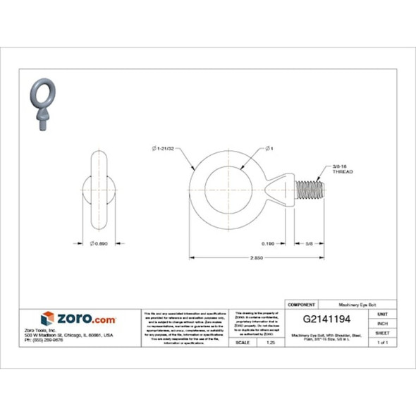 Eye Bolt With Shoulder, 3-8"-16, 5-8 in Shank, 1 in ID, Steel, Plain  K2023-AA