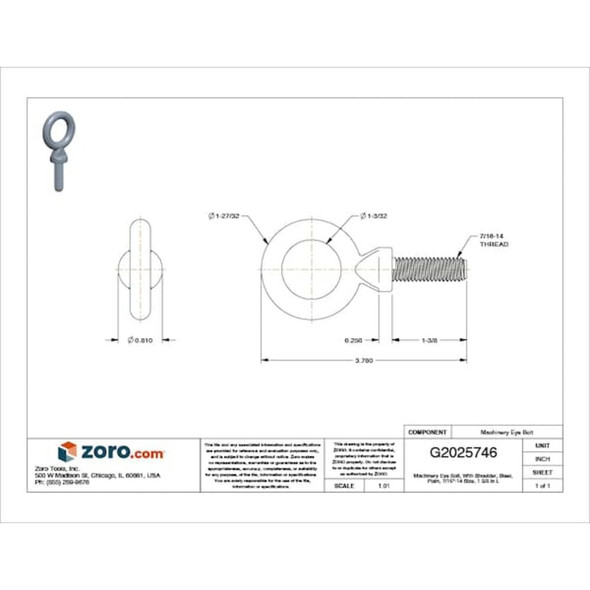 Eye Bolt With Shoulder, 7-16"-14, 1-3-8 in Shank, 1-3-32 in ID, Steel, Plain  K2024