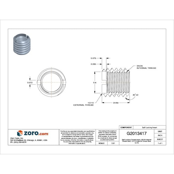 E-Z Lok Thin Wall Self Locking Thread Insert, 3/8"-24 Int Thrd Sz, Carbon Steel, 10 PK 319-624-PK10