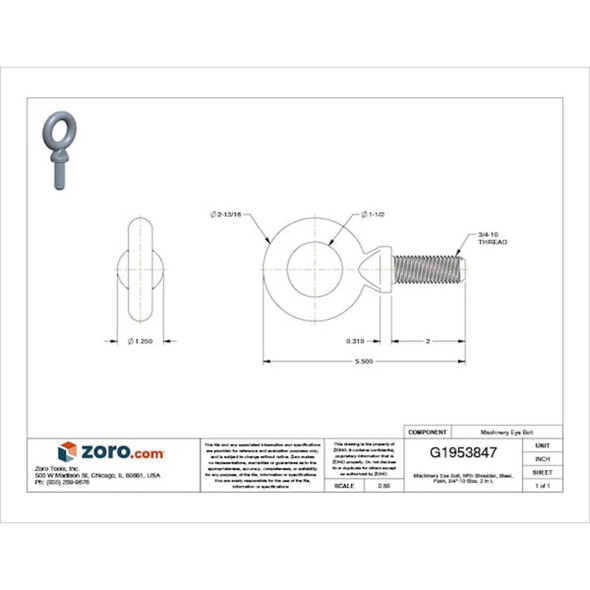 Ken Forging Eye Bolt With Shoulder, 3/4"-10, 2 in Shank, 1-1/2 in ID, Steel, Plain K2028