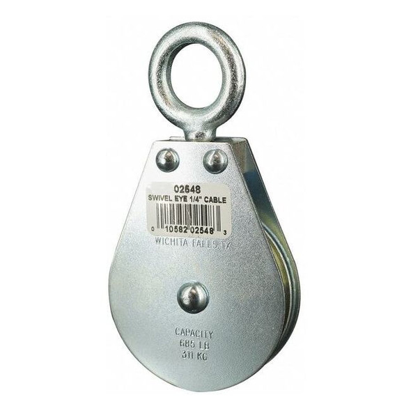 Pulley Block, Wire Rope, 1/4 in Max Cable Size, 685 lb Max Load, Zinc Plated