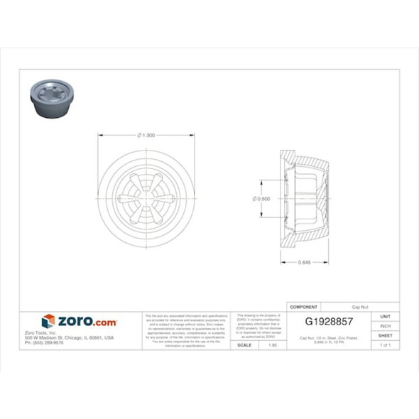 Cap Nut, 1-2 in, Steel, Zinc Plated, 0.645 in H, 10 PK  138263000