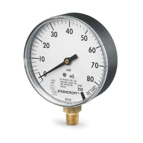 Pressure Gauge, 0 to 80 psi, 1/4 in MNPT, Plastic, Black
