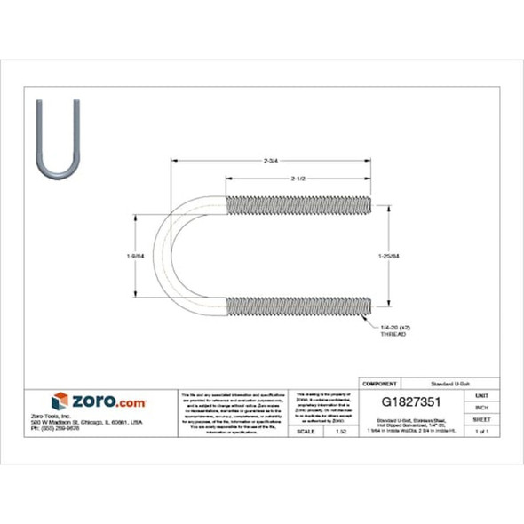 Round U-Bolt, 1-4"-20, 1 9-64 in W, 2 3-4 in H, Plain Stainless Steel  S61000UB00