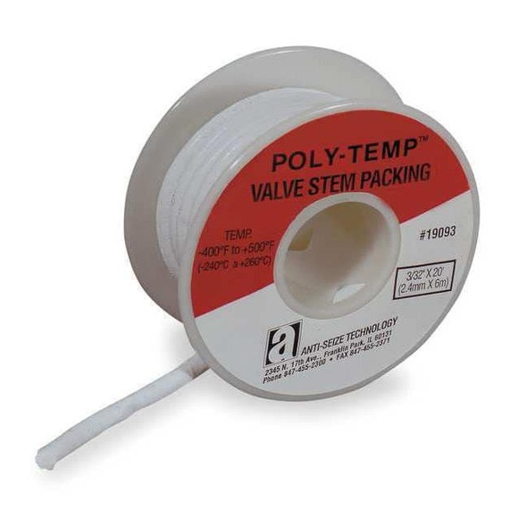 Anti-Seize Technology Valve Stem Packing, PTFE, 3/32 in, White 19093