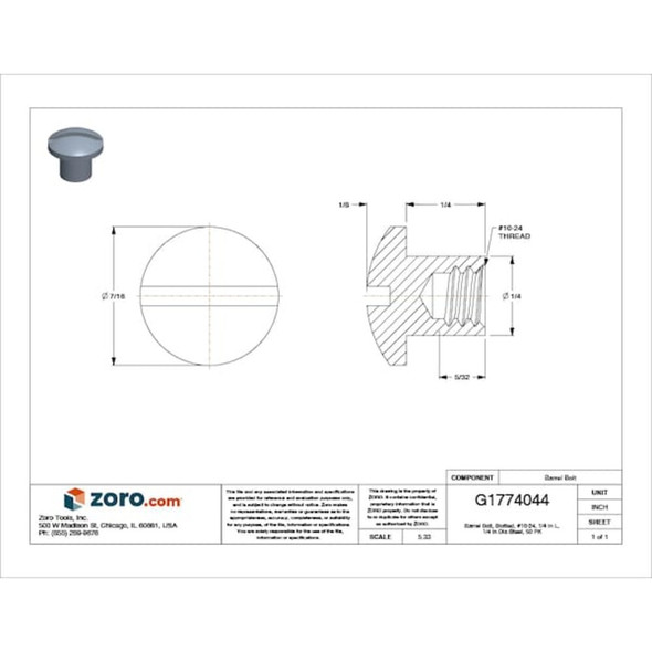 Barrel Bolt, #10-24, 1-4 in Brl Lg, 1-4 in Brl Dia, Steel Zinc-Plated, 50 PK  Z4404