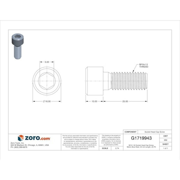 M10-1.50 Socket Head Cap Screw, Socket, Metric Blue Steel, 25 mm Length, 25 PK  UST176265