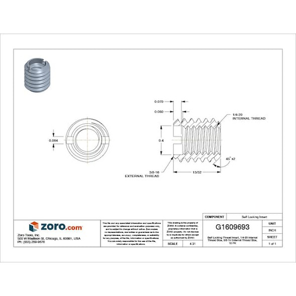 E-Z Lok Thin Wall Self Locking Thread Insert, 1/4"-20 Int Thrd Sz, Carbon Steel, 10 PK 319-4-PK10