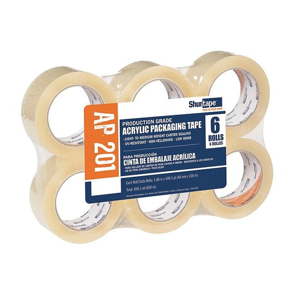 Carton Sealing Tape, 2 mil Thick, 2 in W x 100 m L, 3 in Core Dia., Clear, 6 PK