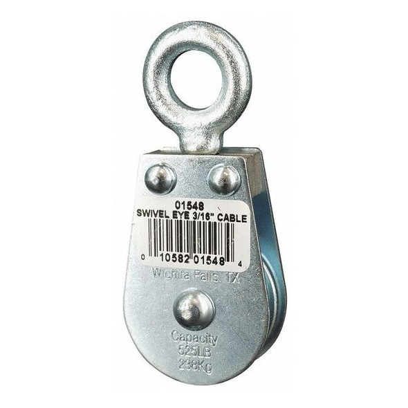 Pulley Block, Wire Rope, 3/16 in Max Cable Size, 525 lb Max Load, Zinc Plated