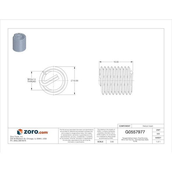 Tanged Helical Insert, Free-Running, M10-1.50 Thrd Sz, 18-8 Stainless Steel, 10 PK