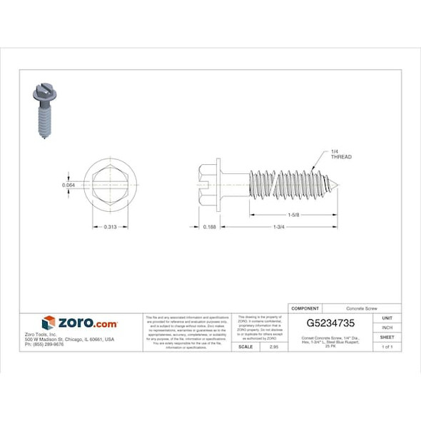 Mkt Fastening Conset Concrete Screw, 1/4" Dia., Hex, 1-3/4" L, Steel Blue Ruspert, 25 PK H4175SP