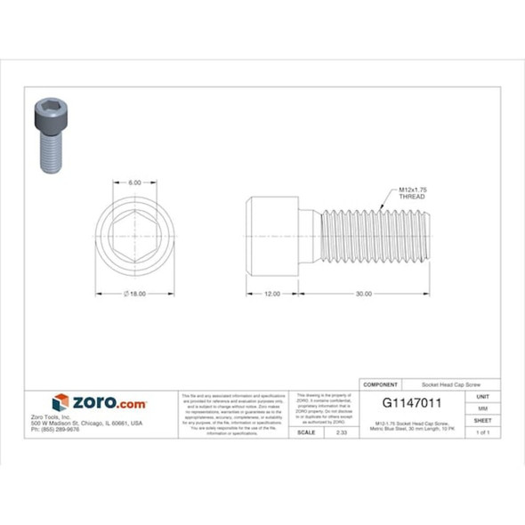 M12-1.75 Socket Head Cap Screw, Socket, Metric Blue Steel, 30 mm Length, 10 PK  UST176278