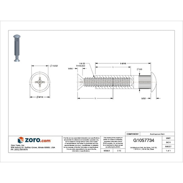 Manufacturer Varies Architect Bolt,Steel,1/4"-20,1 9/16"L Z5215