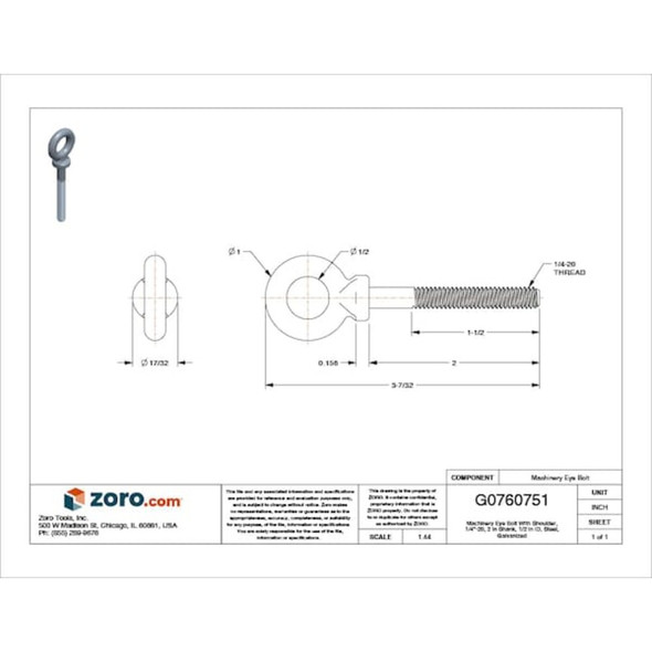 Eye Bolt With Shoulder, 1-4"-20, 2 in Shank, 1-2 in ID, Steel, Galvanized  N2021-2
