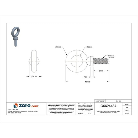 Ken Forging Eye Bolt With Shoulder, M18-2.50, 51 mm Shank, 38 mm ID, Steel, Plain M18