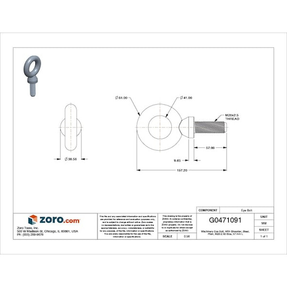 Ken Forging Eye Bolt With Shoulder, M20-2.50, 57 mm Shank, 41 mm ID, Steel, Plain M20