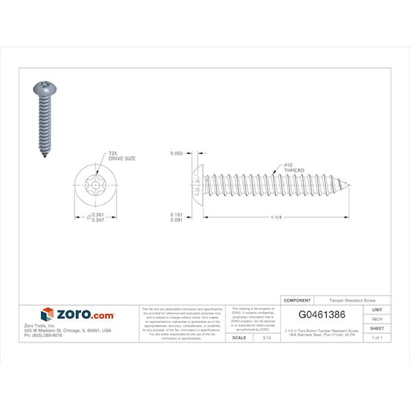 Tamper-Pruf Screws Scrw Sz #10,T25,18-8SS,1.25"L,PK25 91420