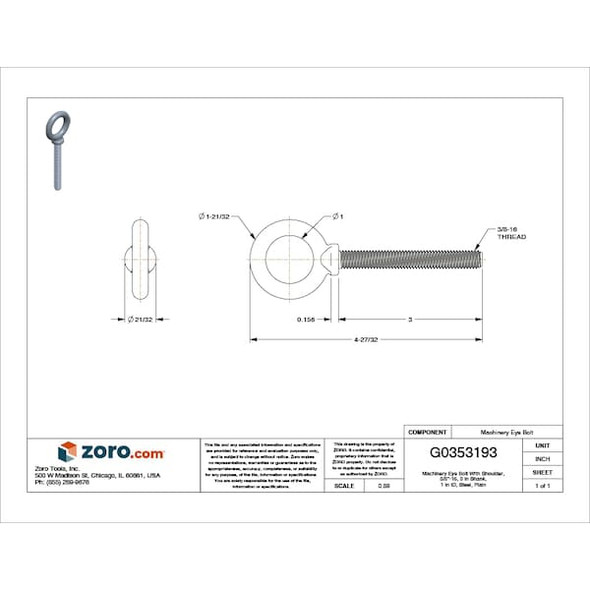 Ken Forging Eye Bolt With Shoulder, 3/8"-16, 3 in Shank, 1 in ID, Steel, Plain K2023-3