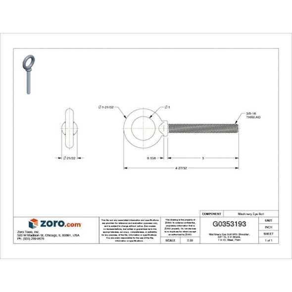 Eye Bolt With Shoulder, 3-8"-16, 3 in Shank, 1 in ID, Steel, Plain  K2023-3