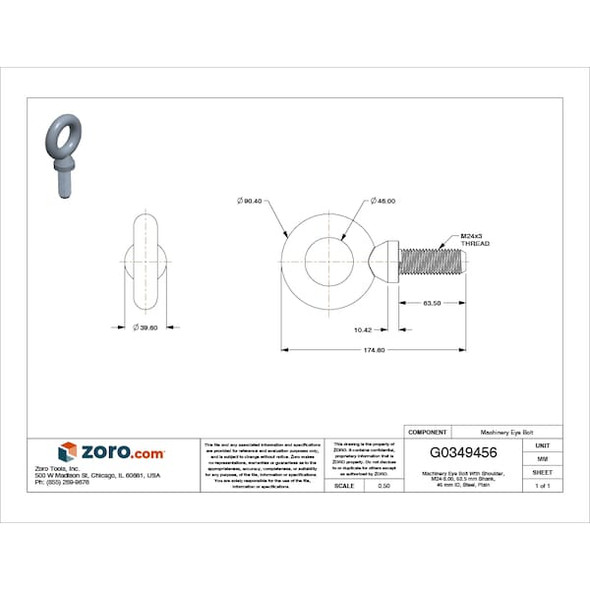 Ken Forging Eye Bolt With Shoulder, M24-3.00, 63.5 mm Shank, 46 mm ID, Steel, Plain M24
