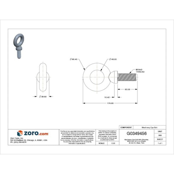 Eye Bolt With Shoulder, M24-3.00, 63.5 mm Shank, 46 mm ID, Steel, Plain