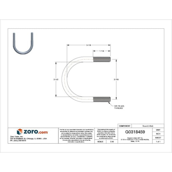 Round U-Bolt, 3-8"-16, 2 1-2 in W, 3 1-8 in H, Zinc Plated Steel, 10 PK  U17243.037.0200
