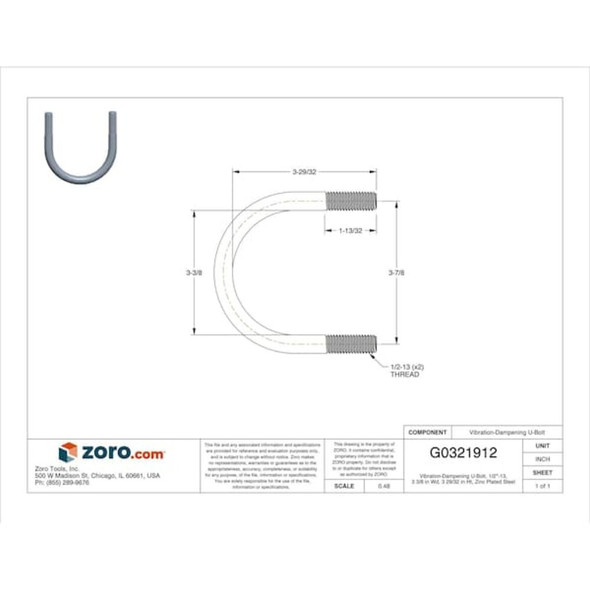 Vibration-Dampening U-Bolt, 1-2"-13, 3 3-8 in W, 3 29-32 in H, Zinc Plated Steel  UB2-1/2PA