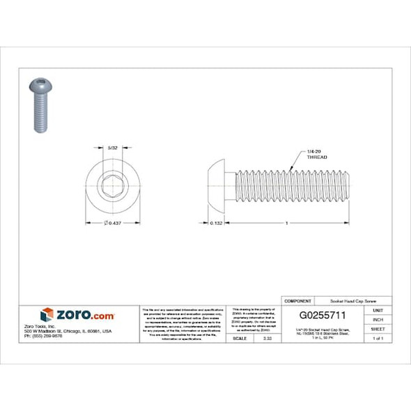 1/4"-20 Socket Head Cap Screw, Button, NL-19 18-8 Stainless Steel, 1 in Length, 50 PK